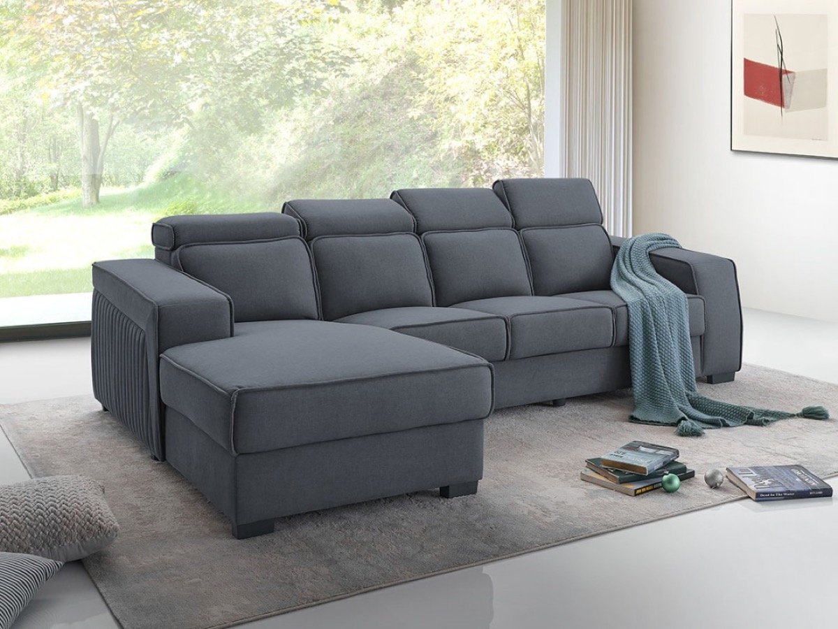 Model 3655 L-shape sofa with console box and cup holders in grey fabric