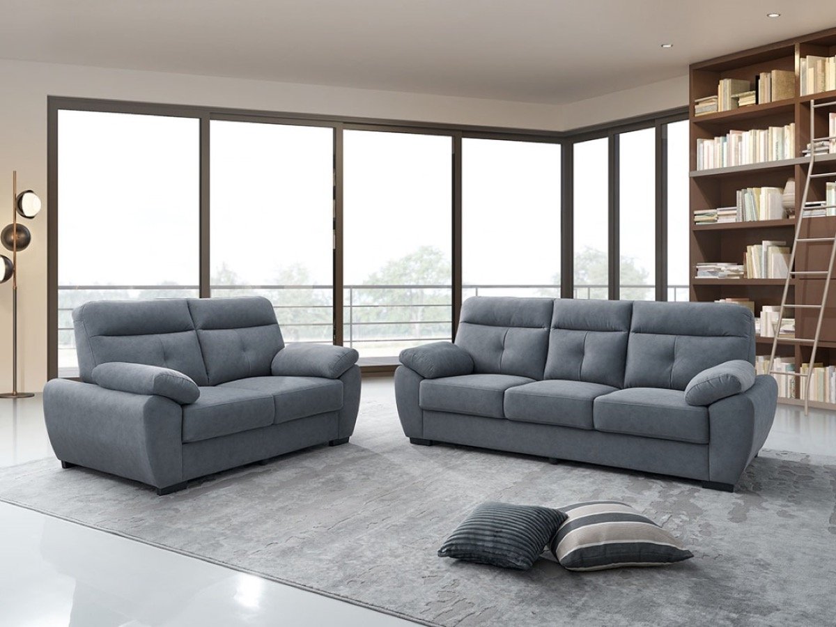 Model 3668 grey fabric 2-seater and 3-seater sofa set with plush armrests